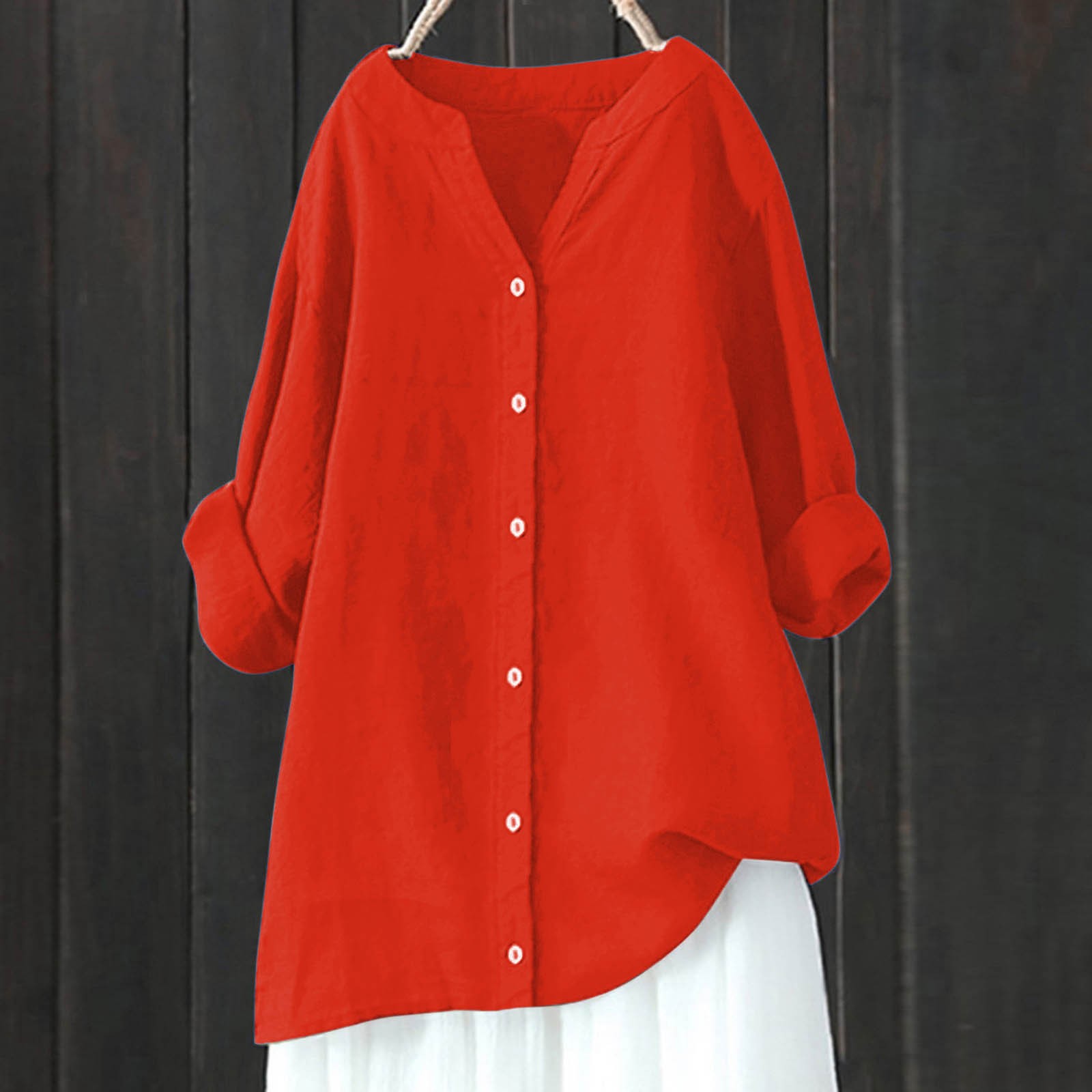 thumbnail image 2 of Blusa de manga larga con botones para mujer - Camisa informal lisa con cuello en V y corte holgado - Adecuada para el trabajo, citas o compras - Tallas S-XXXXXL, tejido de poliéster, 2 of 4